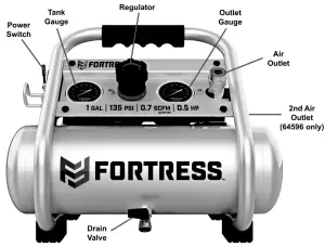 FORTRESS 64596 2 Gallon 135 PSI Ultra Quiet Hand Carry Jobsite Air Compressor - Air Compressor