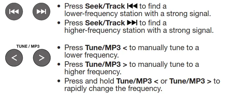 Tuning to an FM/AM station • When playing an audio CD, source information is displayed: Selected source Clock time When you press RADIO, Seek/Track, or