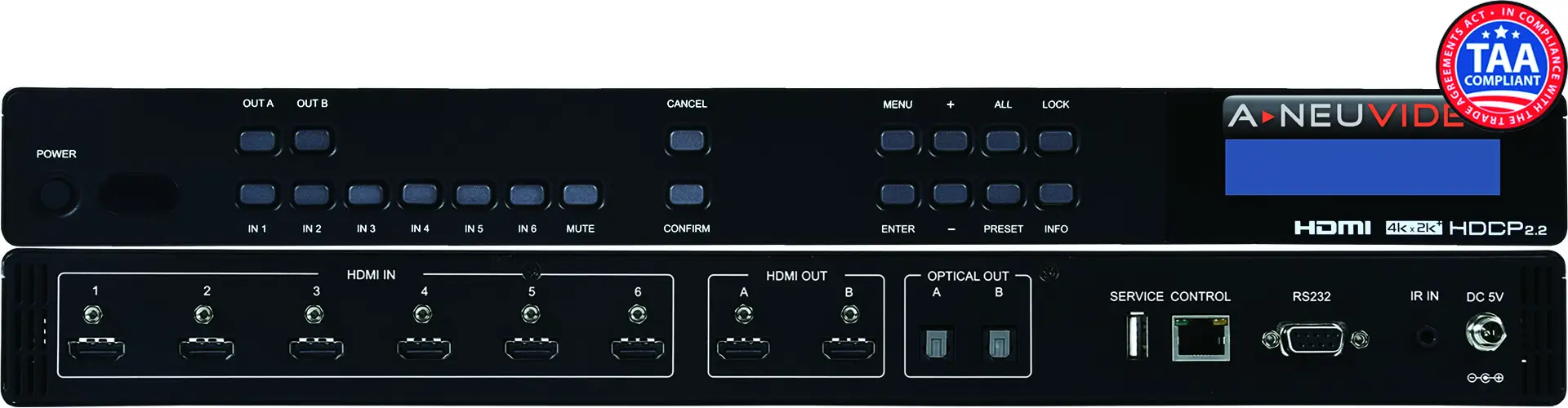 A-NEUVIDEO ANI-62HDRH 4K UHD+ HDR 6X2 HDMI Matrix with Audio De-Embedding