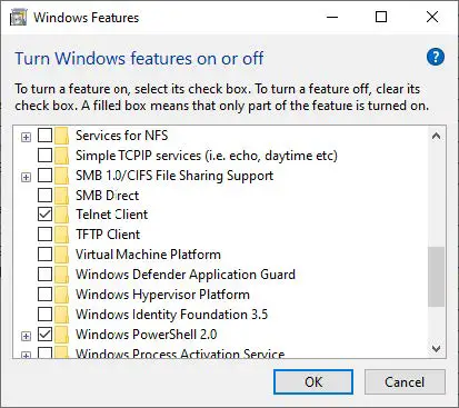 Turn Windows features on or off