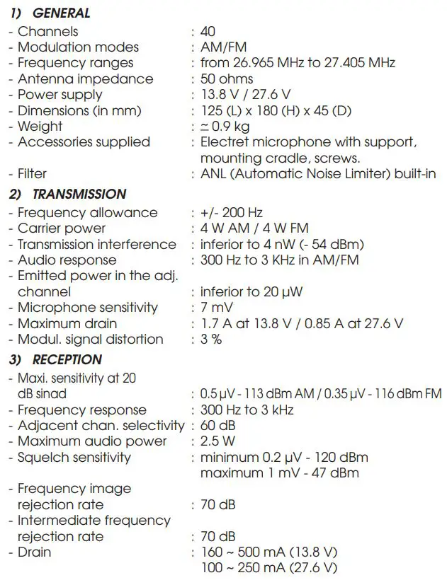 PRESIDENT TXUS093 Thomas FCC AM FM CB Radio Owner's Manual - TECHNICAL CHARACTERISTICS