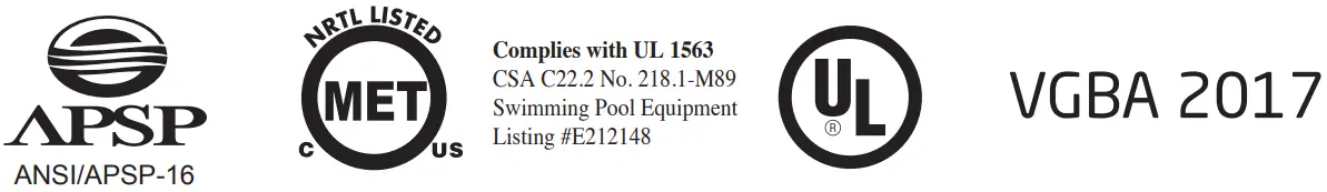 SPECK SS484 1400M 1RW Badu Stream II Swim Jet System - Trademarks and Certifications