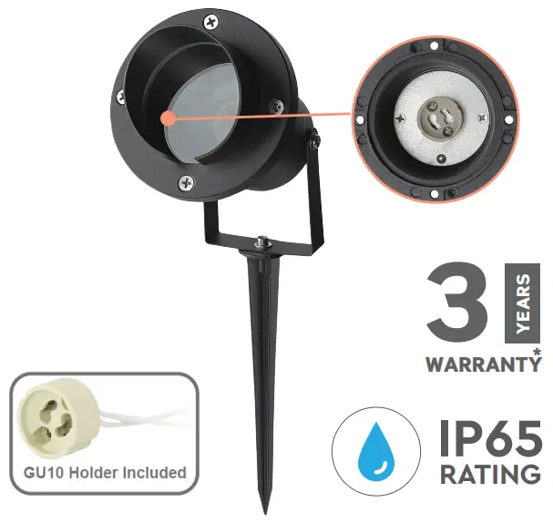 VT-7704 GU10 Garden Spike Fitting Aluminum Body Black