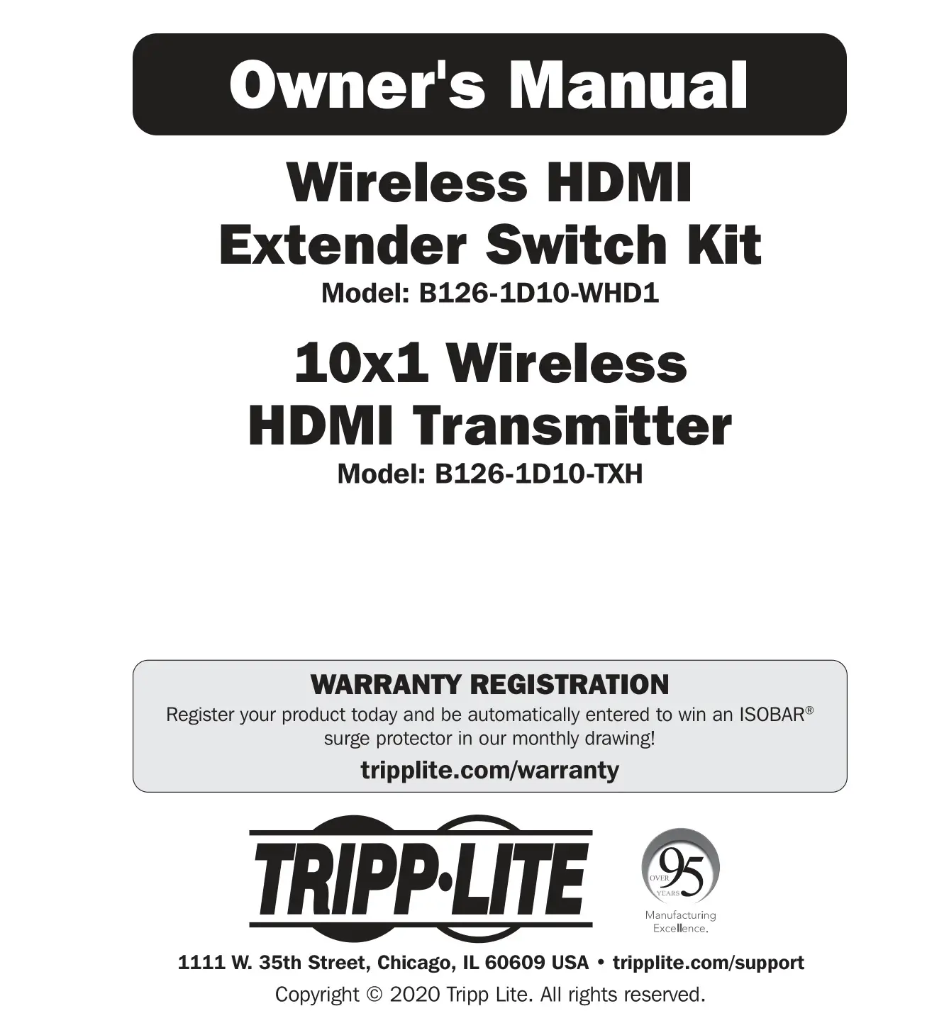 TRIPP-LITE B126-1D10-TXH Wireless HDMI Extender Switch Kit Owner's Manual