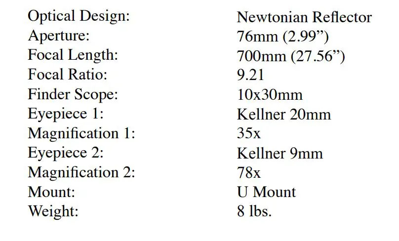 CARSON RP-100 Telescope - Specifications