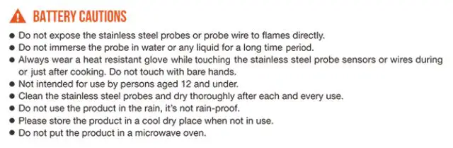 Veken B08XMD1Y7J Remote Wireless BBQ and Meat Thermometer with 4 Probes User Manual - Battery Cautions