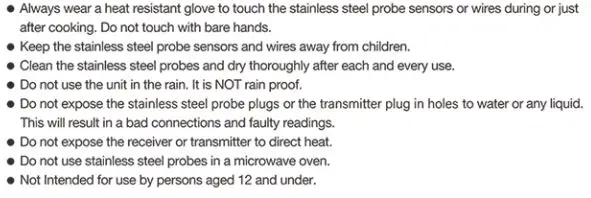 Veken B08XMD1Y7J Remote Wireless BBQ and Meat Thermometer with 4 Probes User Manual - Cautions