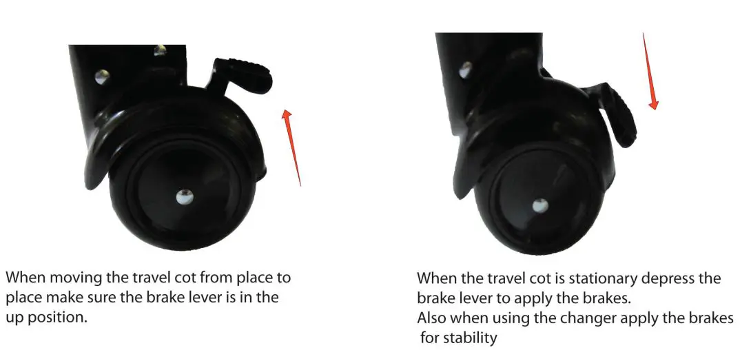 lovencare 723253 3-in-1 Sleep N Go Travel Cot Instruction Manual - Using the brakes