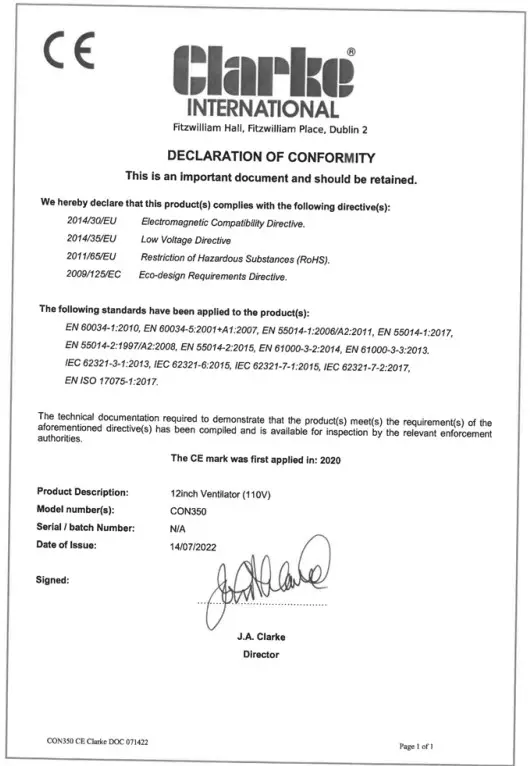 Clarke CON350 110V 12 Inch Ventilator or Air Mover - fig 1