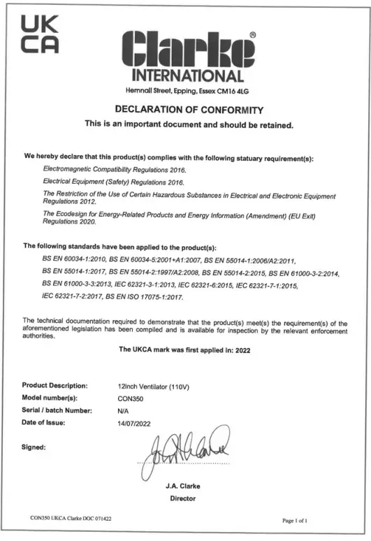 Clarke CON350 110V 12 Inch Ventilator or Air Mover - fig