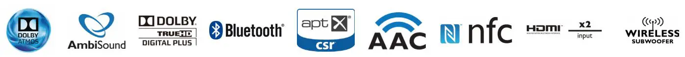 Dolby,Ambisound,Bluetooth,aptx,AAc,Nfc,HDMI,x2 input,wireless subwoofer icon