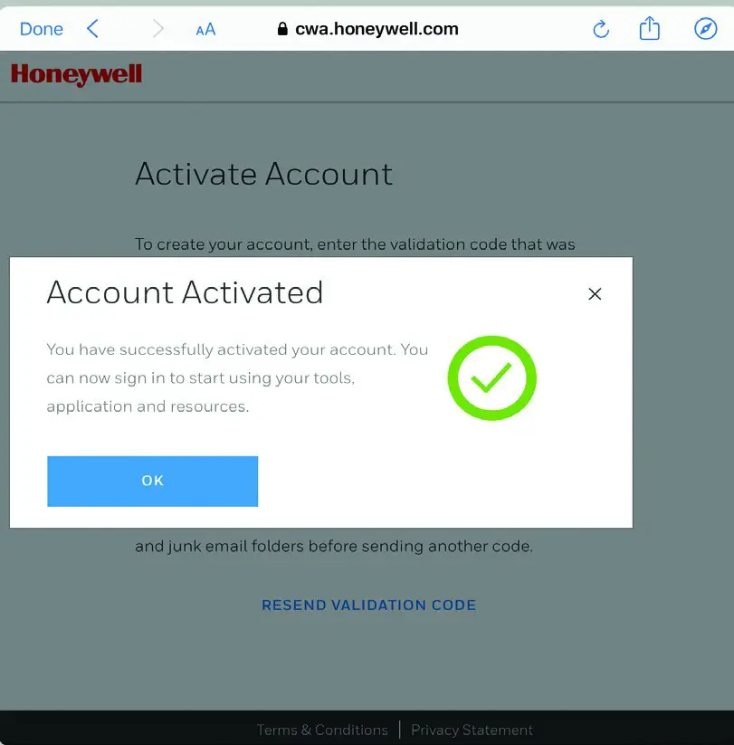 Honeywell 32352460 Air Detective - ACCOUNT ACTIVATED SCREEN
