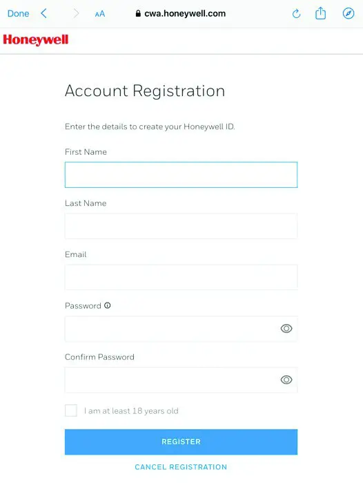 Honeywell 32352460 Air Detective - ACCOUNT REGISTRATION SCREEN