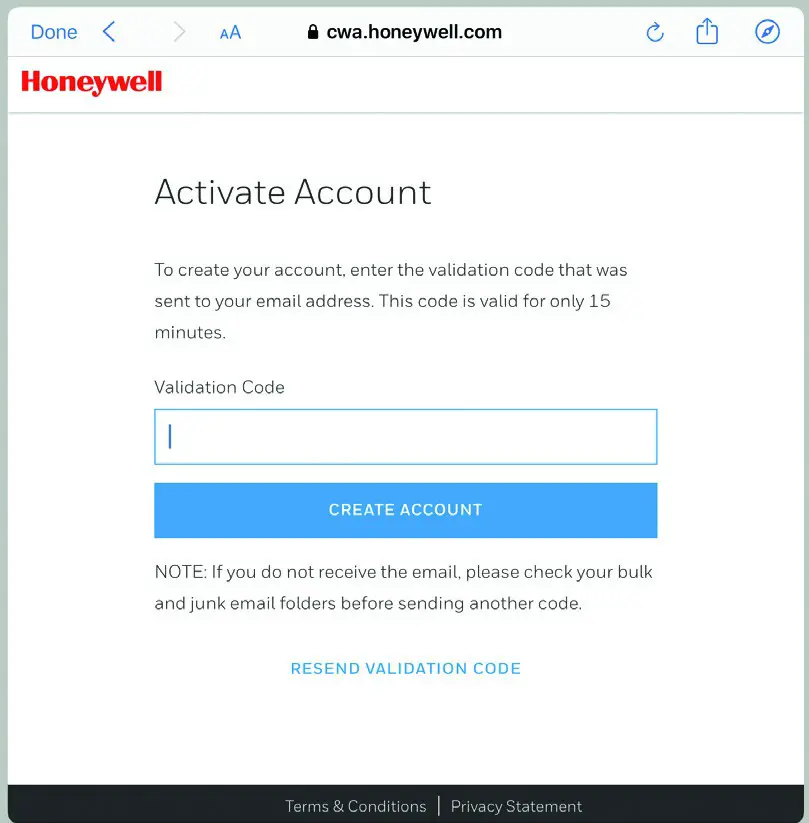 Honeywell 32352460 Air Detective -ACTIVATE ACCOUNT SCREEN