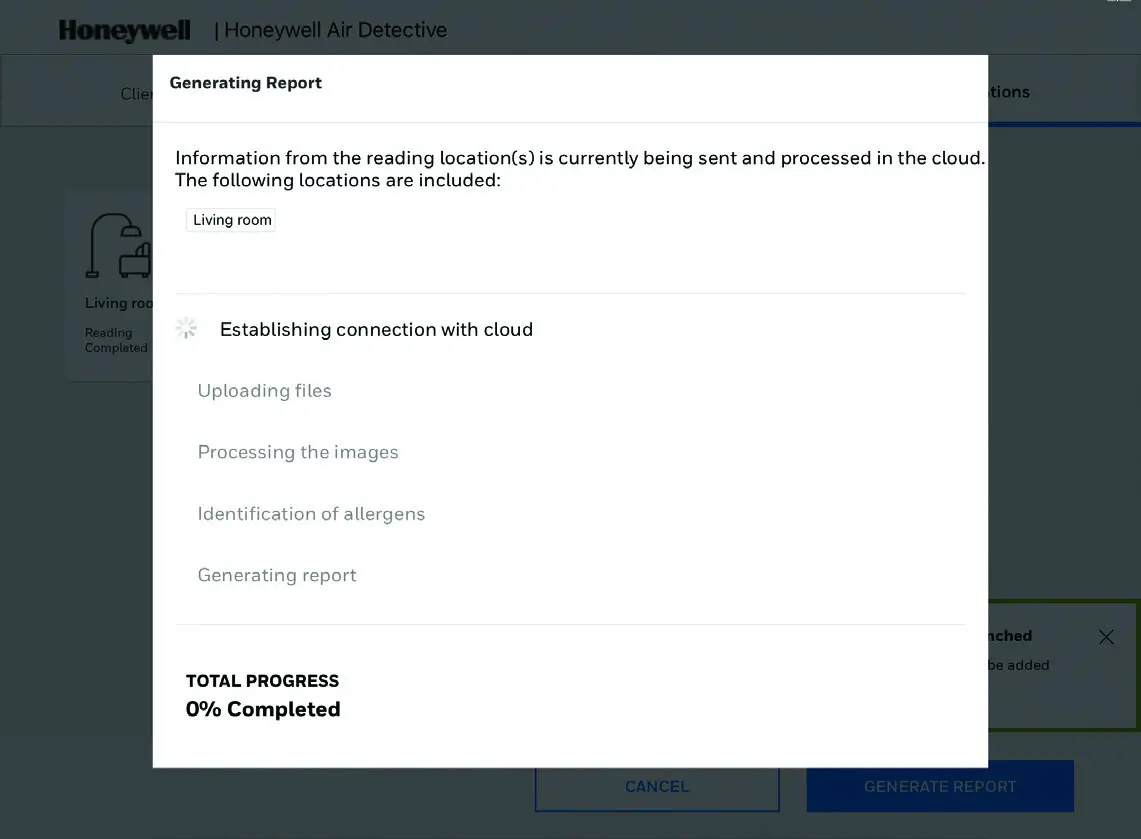Honeywell 32352460 Air Detective - REPORT GENERATION STATUS SCREEN 1