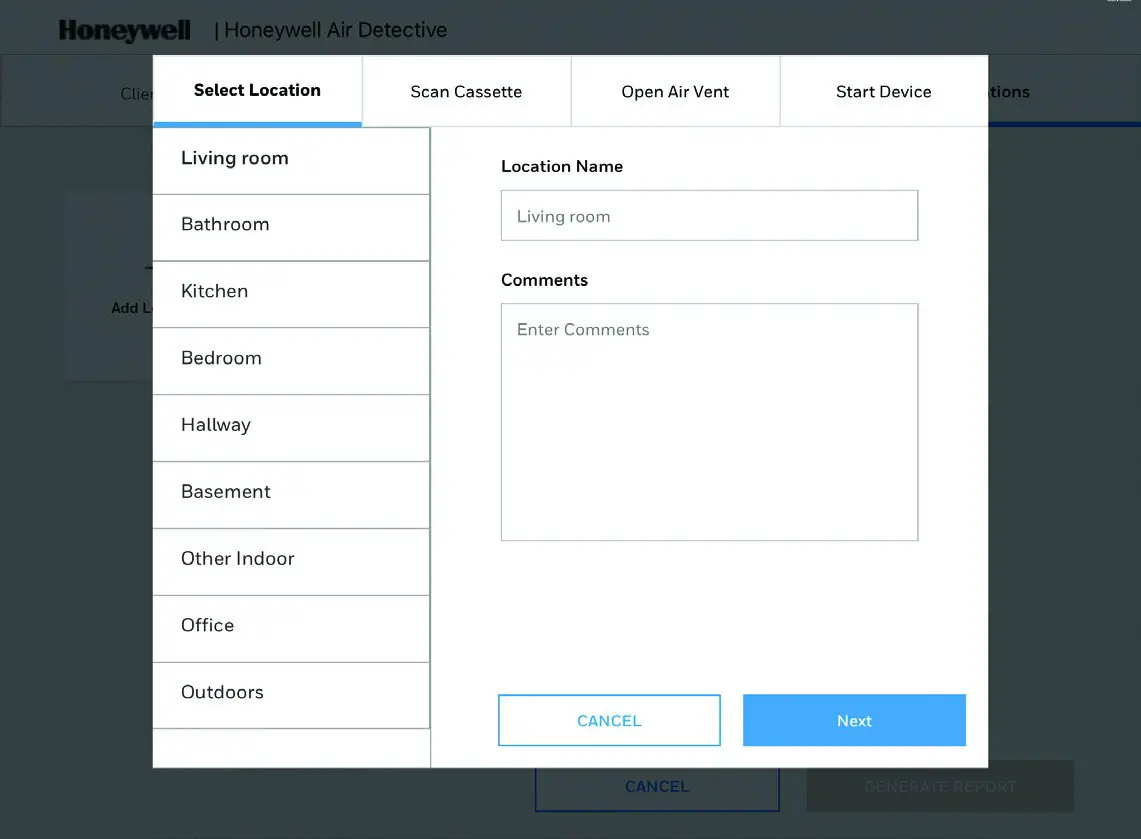 Honeywell 32352460 Air Detective - SELECT LOCATION OPTIONS SCREEN