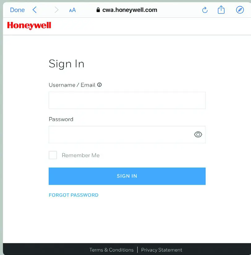 Honeywell 32352460 Air Detective -SIGN IN SCREEN
