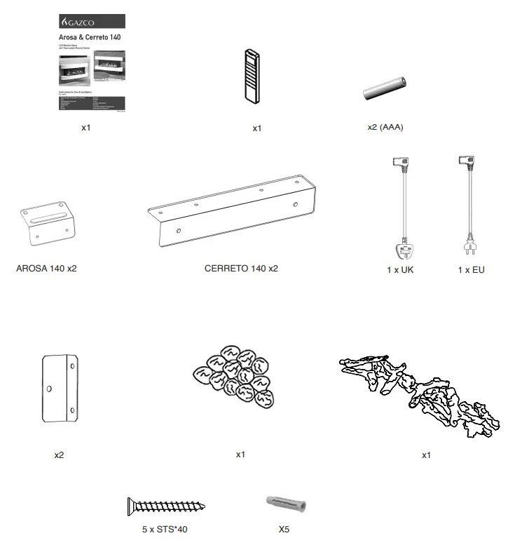 GAZCO Arosa amp Cerreto 140 LED Electric Stove - PACKING CHECKLIST