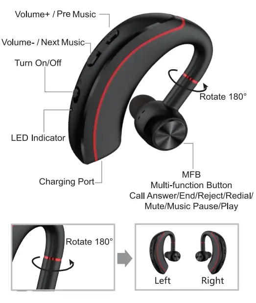 Yamipho A8 Bluetooth Headset Earpiece 12h Talking Time- fig1