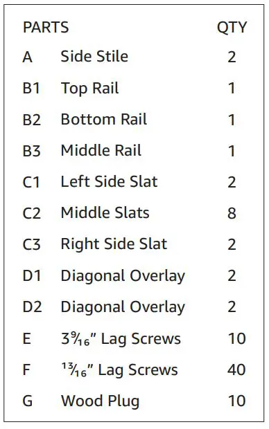 Smart Standard 36 x 84 K-Barn Door - PARTS List Table