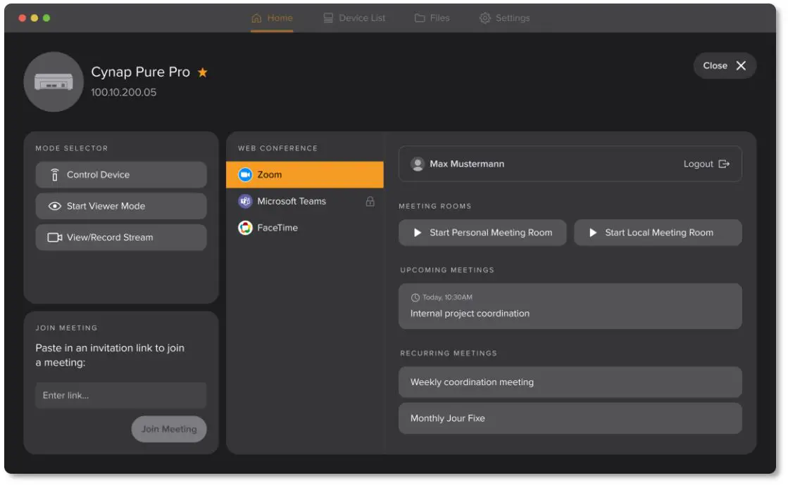 Apps WolfVision vSolution App User Guide - Opening the action selection on a WolfVision vSolution Cynap