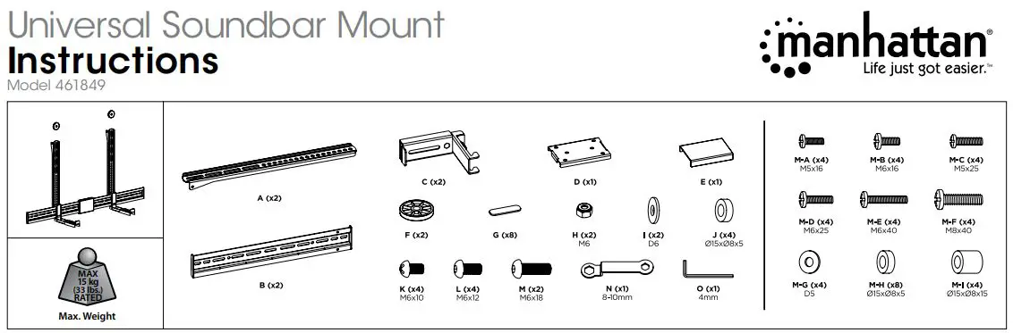 manhattan 461849 Universal Soundbar Mount Instructions