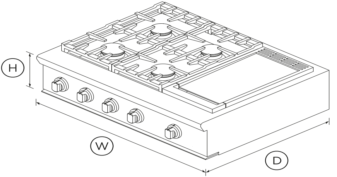 FISHER PAYKEL CPV2-364GDL N Gas Rangetop, 36 inch, Griddle, LPG - Fig 1