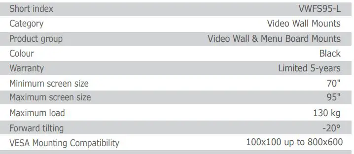 edbak VWFS95-L Full Service Video Wall Mount Instruction Manual - PRODUCT SPECIFICATIONS