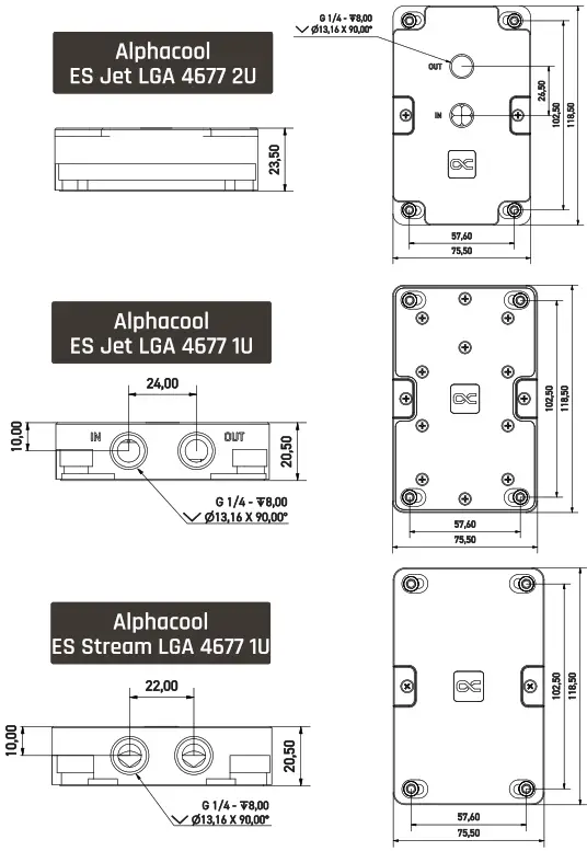 alphacool LGA 4677 - ES Jet 1U Waterblock Lineup Support - Dimensions