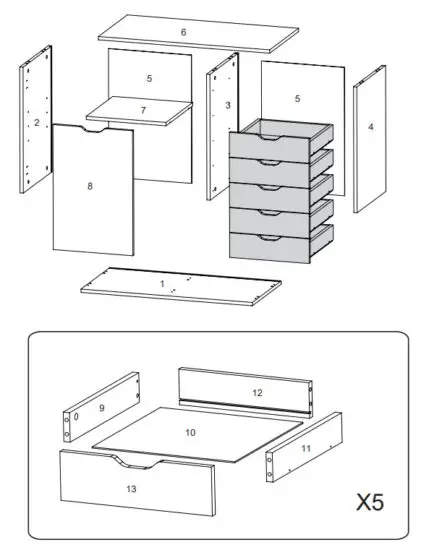DEVAISE ASNG010 Wood 5 Drawer Storage Cabinet - EXPLODED DRAWING