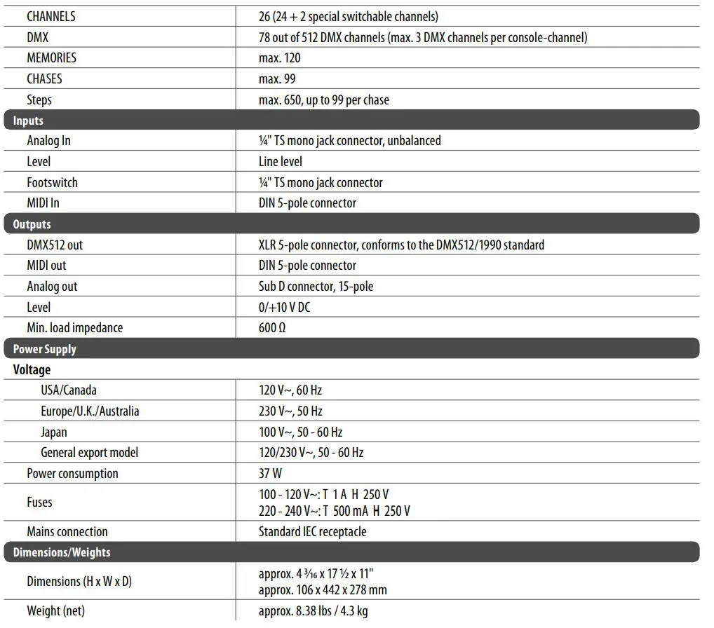 EUROLIGHT Professional 24-Channel DMX Lighting Console User Guide - Specifications