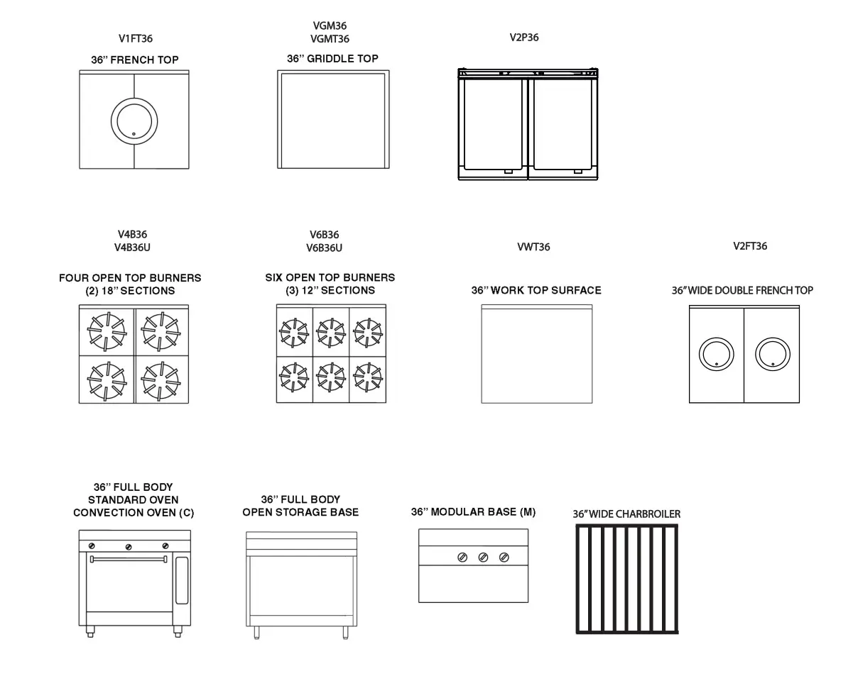 VULCAN V2BG24 36 Inch Heavy Duty Range - CONFIGURATION OF HEAVY DUTY RANGES 36” WIDE RANGES