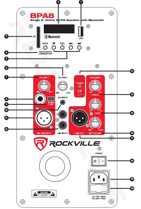 ROCKVILLE BPA8 8 Active DJ PA Speaker with Bluetooth - Functions 2