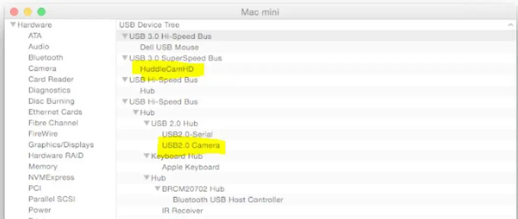 HuddleCamHD HC3XA USB 2.0 PTZ Conferencing Camera - System Information on a MAC