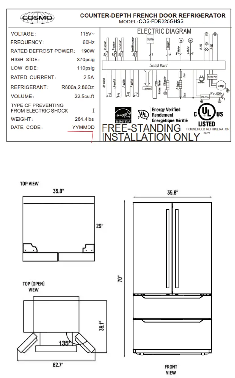 COSMO COS FDR225GHSS Refrigerator Efficient Fridge with 2 Drawer Bottom - Parameters