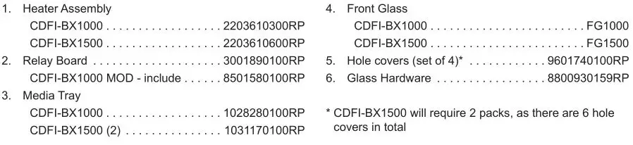 Dimplex CDFI-BX1000 or CDFI-BX1500 Electric Fireplace - Replacement Parts List