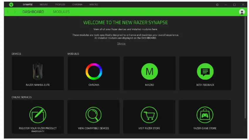 RAZER MAMBA ELITE Gaming Mouse User - DASHBOARD