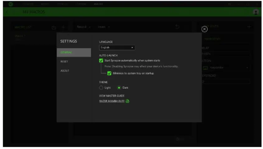 RAZER MAMBA ELITE Gaming Mouse User - SETTINGS WINDOW