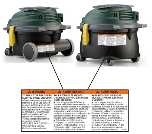 NOBLES 1244302 Denali 12 Standard Dry Canister Vacuum - WARNING LABELS