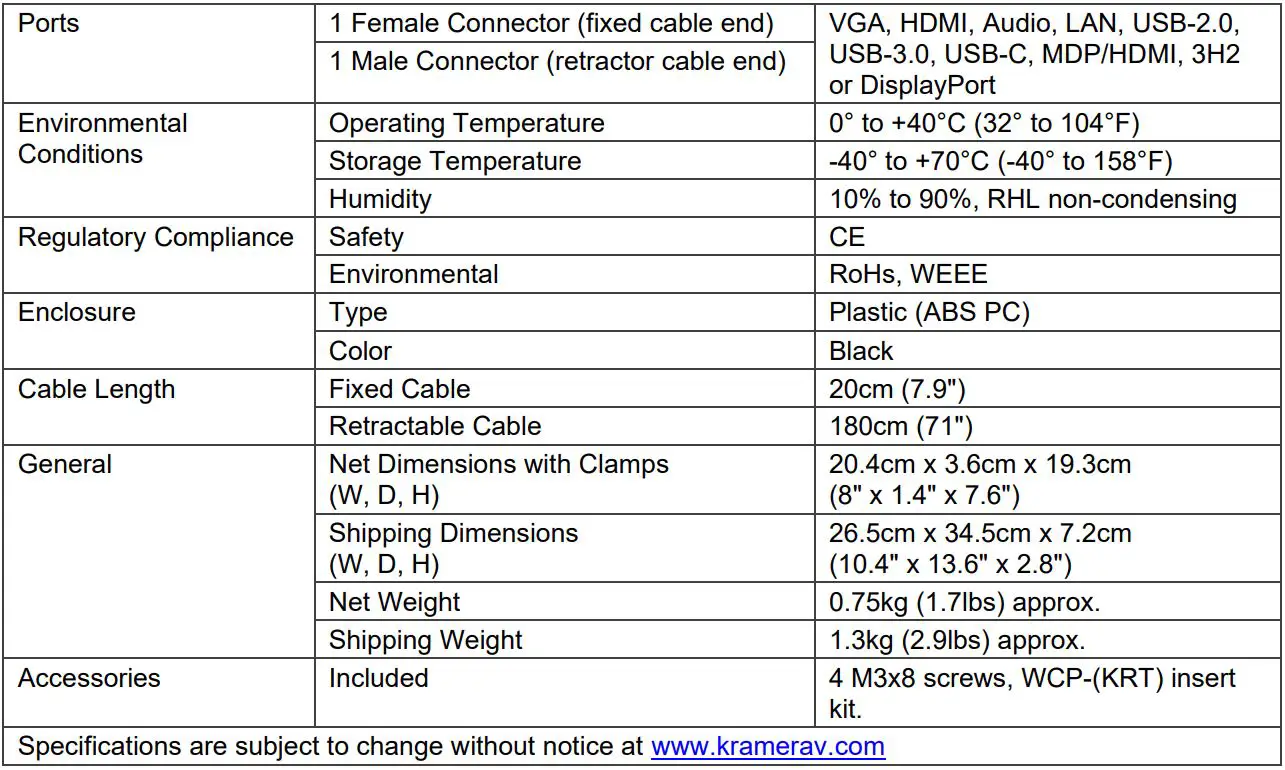 KRAMER Cable Retractor User Manual - Technical Specifications
