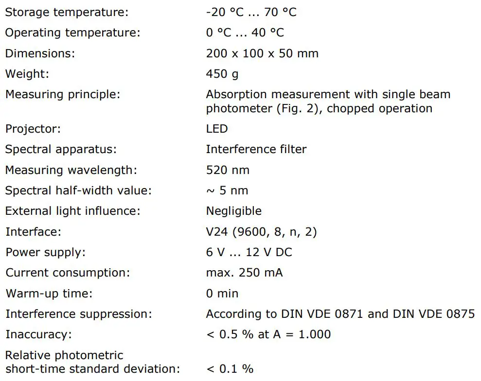 PRAXISDIENST DP 110 Lactat Photometer Plus User Manual - Technical data