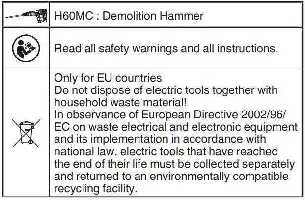 HiKOKI H 60MC Demolition Hammer - SYMBOLS