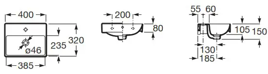 Roca A327683000 Wall hung Fineceramic Basin - TECHNICAL DRAWINGS