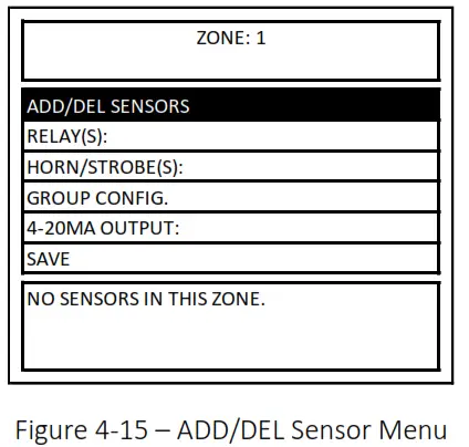 MACURCO DVP-1200-4 BACnet IP Control Panel - Figure 4-15 – ADD DEL Sensor Menu