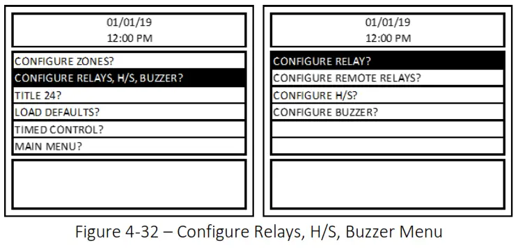 MACURCO DVP-1200-4 BACnet IP Control Panel - Figure 4-32 – Configure Relays, H S, Buzzer Menu