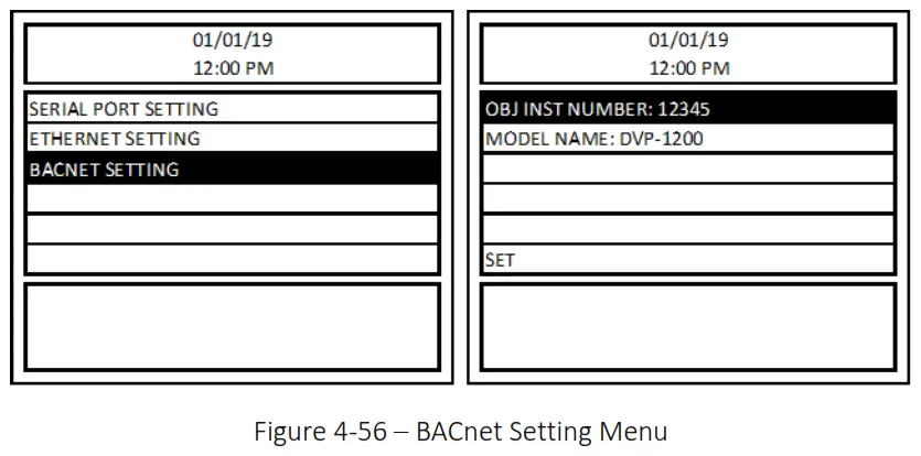 MACURCO DVP-1200-4 BACnet IP Control Panel - Figure 4-56 – BACnet Setting Menu