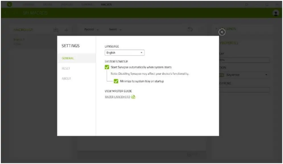 RAZER LANCEHEAD Wireless Gaming Mouse - Setting Window