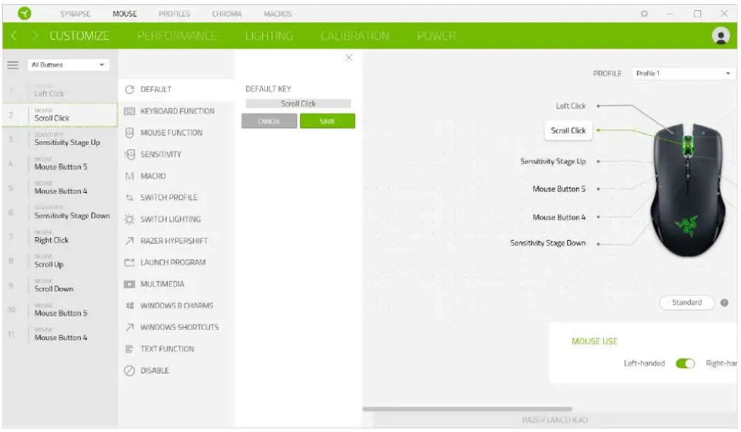 RAZER LANCEHEAD Wireless Gaming Mouse - specific button