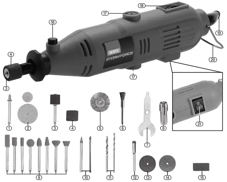 DRAPER 98521 Storm Force 230V Rotary Multi Tool Kit - identification