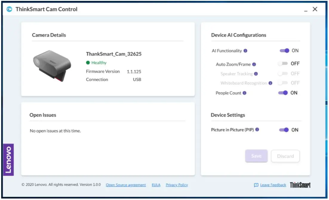 Lenovo ThinkSmart 199039535 Video Conference Camera User Guide - Users will also find camera details and open issues within the ThinkSmart Cam